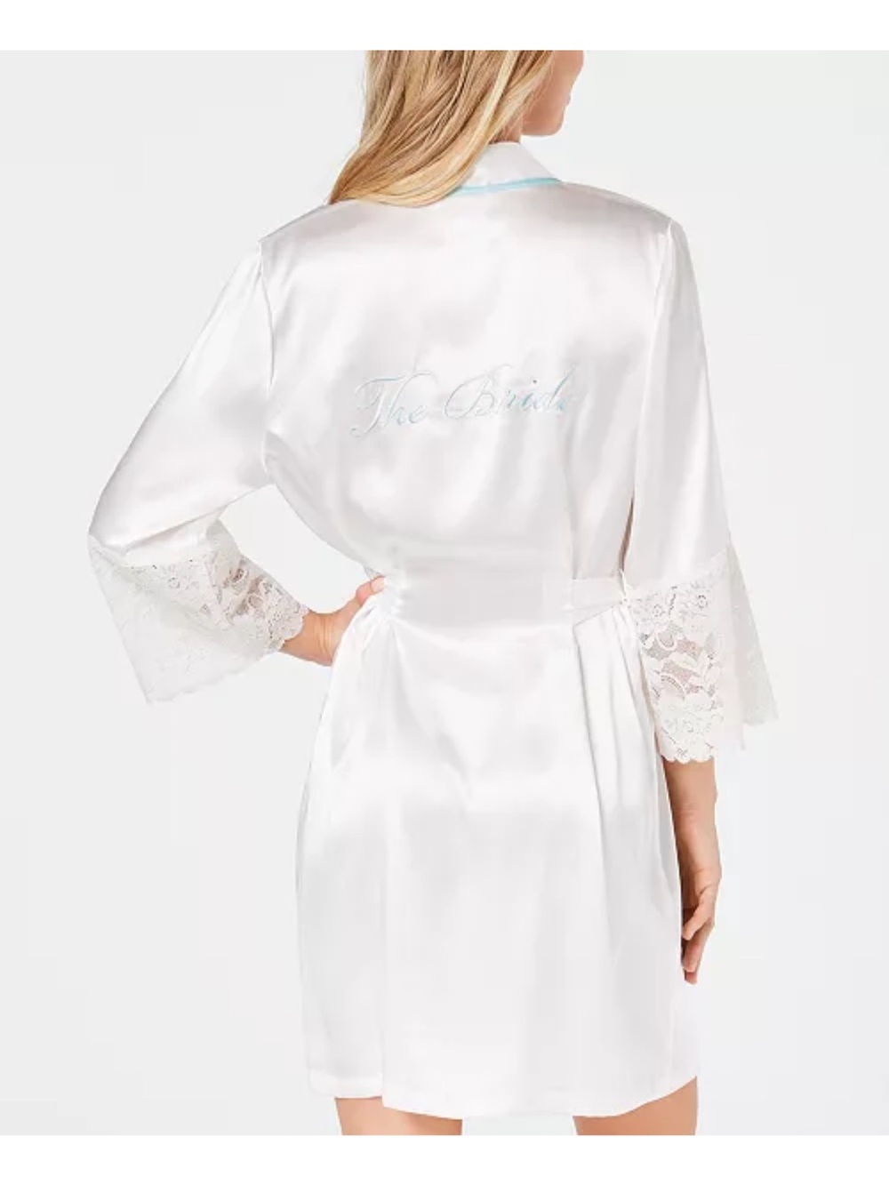 Linea Donatella White Satin Bridal Robe with Teal “The Bride” Embrodery